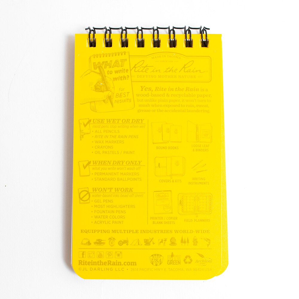 Rite in the Rain, Yellow, Spiral, Art & School, 3"x5", Cover Top, Pocket, 954